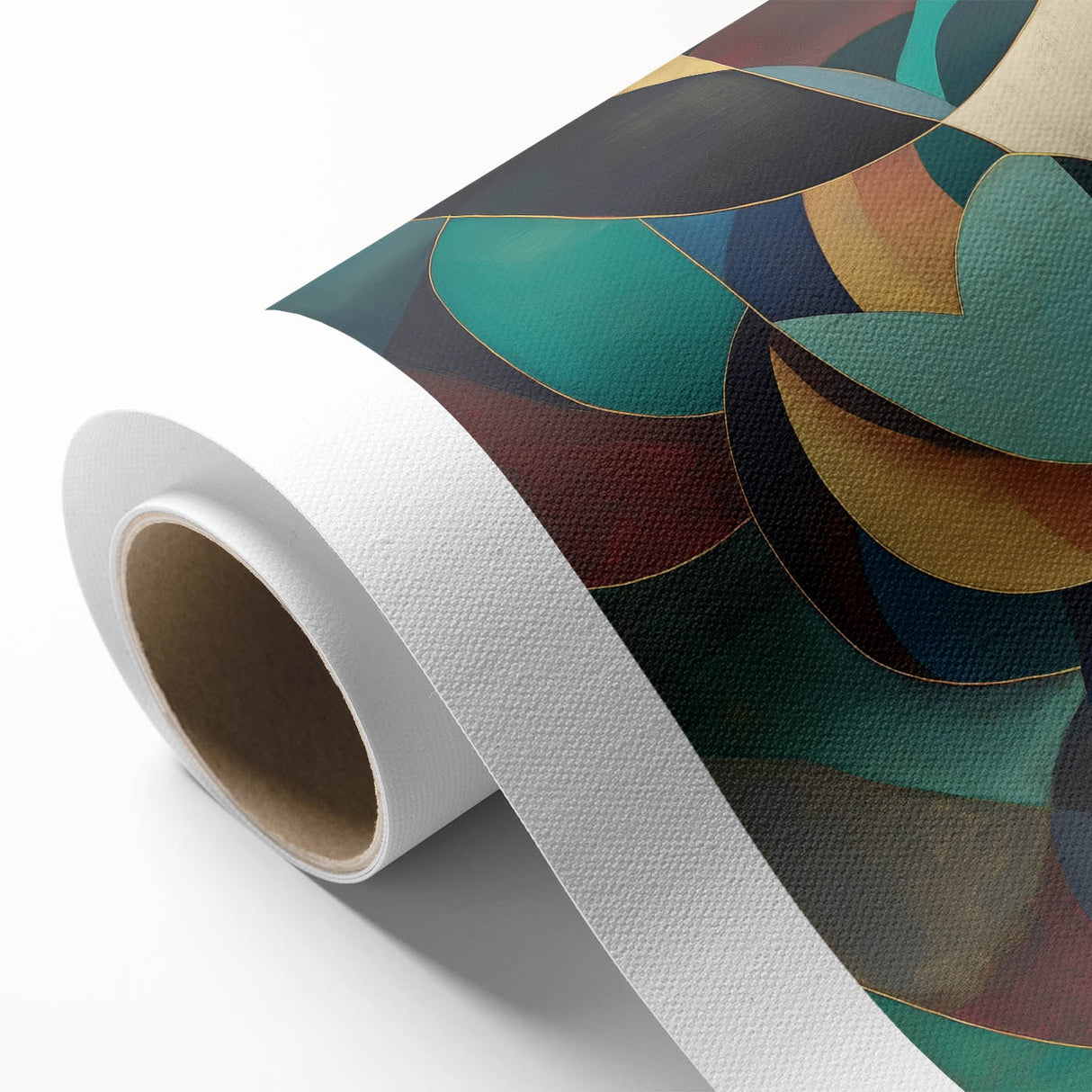 Abstract geometric design on rolled canvas featuring vibrant colors and dynamic shapes. Ideal for modern home decor, this artwork adds a contemporary touch to any space.