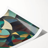 Abstract geometric rolled print showcasing vibrant blue, orange, and yellow shapes, elegantly packaged in a protective cardboard tube for safe shipping.
