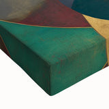 Close-up view of a vibrant abstract geometric stretched canvas artwork, showcasing dynamic shapes and colors, perfect for modern home decor or office spaces.