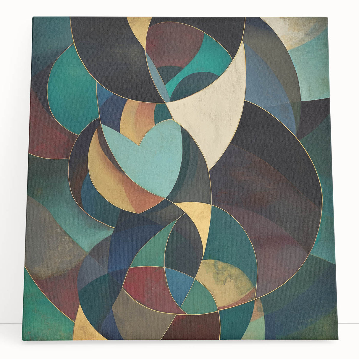 Abstract geometric stretched canvas artwork featuring vibrant colors and dynamic shapes, leaning against a wall, perfect for modern decor and artistic spaces.