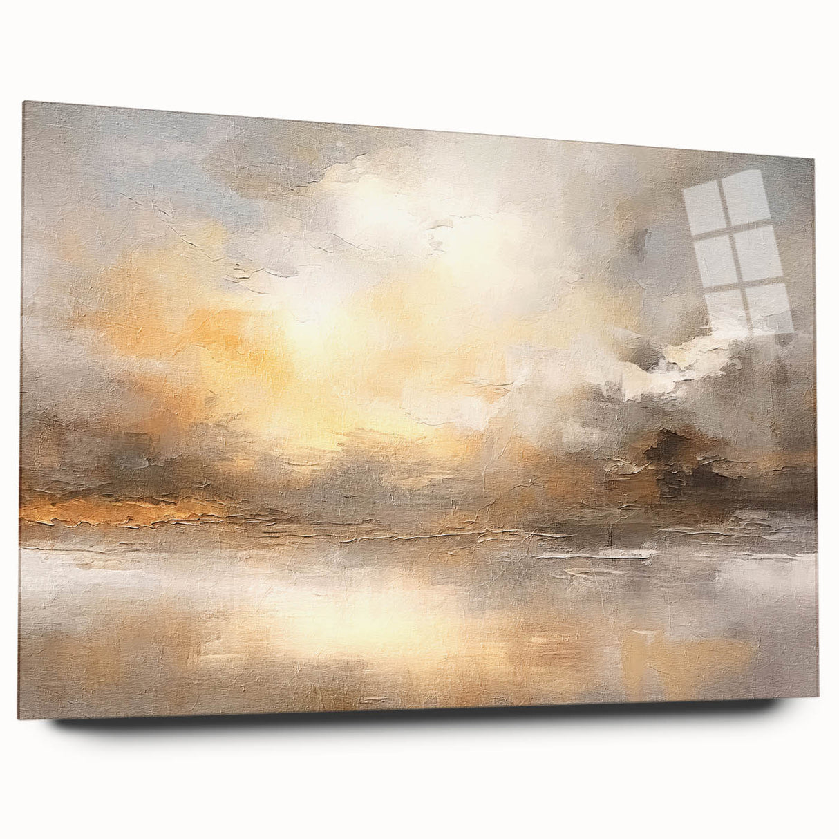 Abstract landscape wall art design displayed in acrylic glass, showcasing vibrant colors and intricate patterns, ideal for modern home decor. Side view highlights the thickness and sleek finish, emphasizing its artistic appeal and contemporary style.