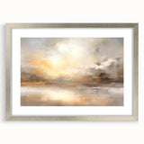 Abstract landscape wall art framed in silver, featuring soft blue and gray tones, with a mat for added depth, perfect for modern home decor.