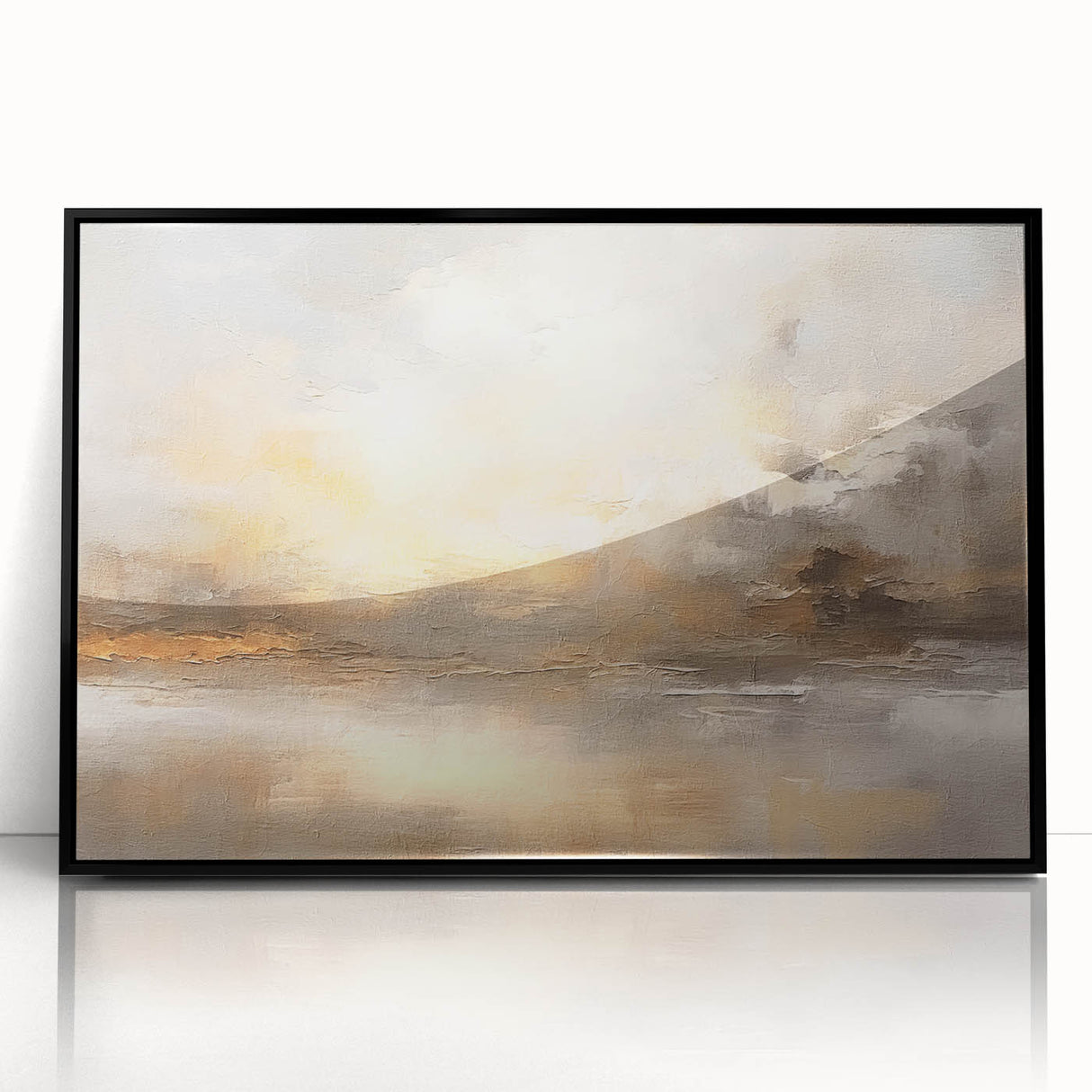 Framed abstract landscape wall art in black acrylic, showcasing vibrant colors and fluid shapes, designed to enhance modern decor aesthetics.
