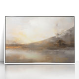 Framed abstract landscape wall art featuring soothing earth tones and organic shapes, perfect for modern home decor. The artwork is displayed in an elegant white frame, enhancing its contemporary aesthetic. Ideal for living rooms or creative spaces, adding a touch of tranquility and style.