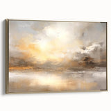 Framed canvas wall art depicting an abstract landscape design with gold accents, showcasing a modern aesthetic perfect for home decor, side view highlighting frame details.