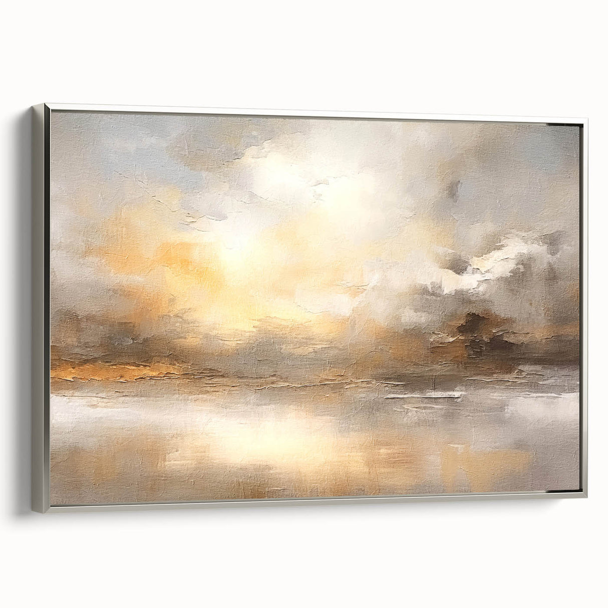 Framed abstract landscape wall art with a silver frame, showcasing vibrant colors and intricate details, perfect for modern home decor or office spaces.