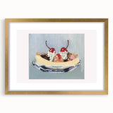 Extra large abstract art print featuring textured fruits in vibrant colors, framed in gold, ideal for living room decor.