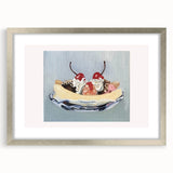 Textured abstract art print of fruits in muted earth tones, framed with a silver mat, ideal for kitchen wall decor.