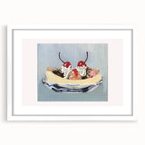 Abstract art print of colorful fruits in a white frame, suitable for dining room decor.