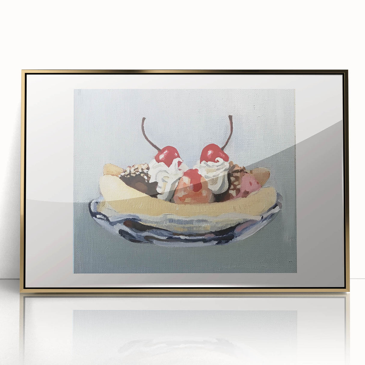 Large acrylic print featuring assorted fruits in bold colors, framed in gold, ideal for modern kitchen decor.