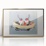 Large acrylic print featuring assorted fruits in bold colors, framed in gold, ideal for modern kitchen decor.