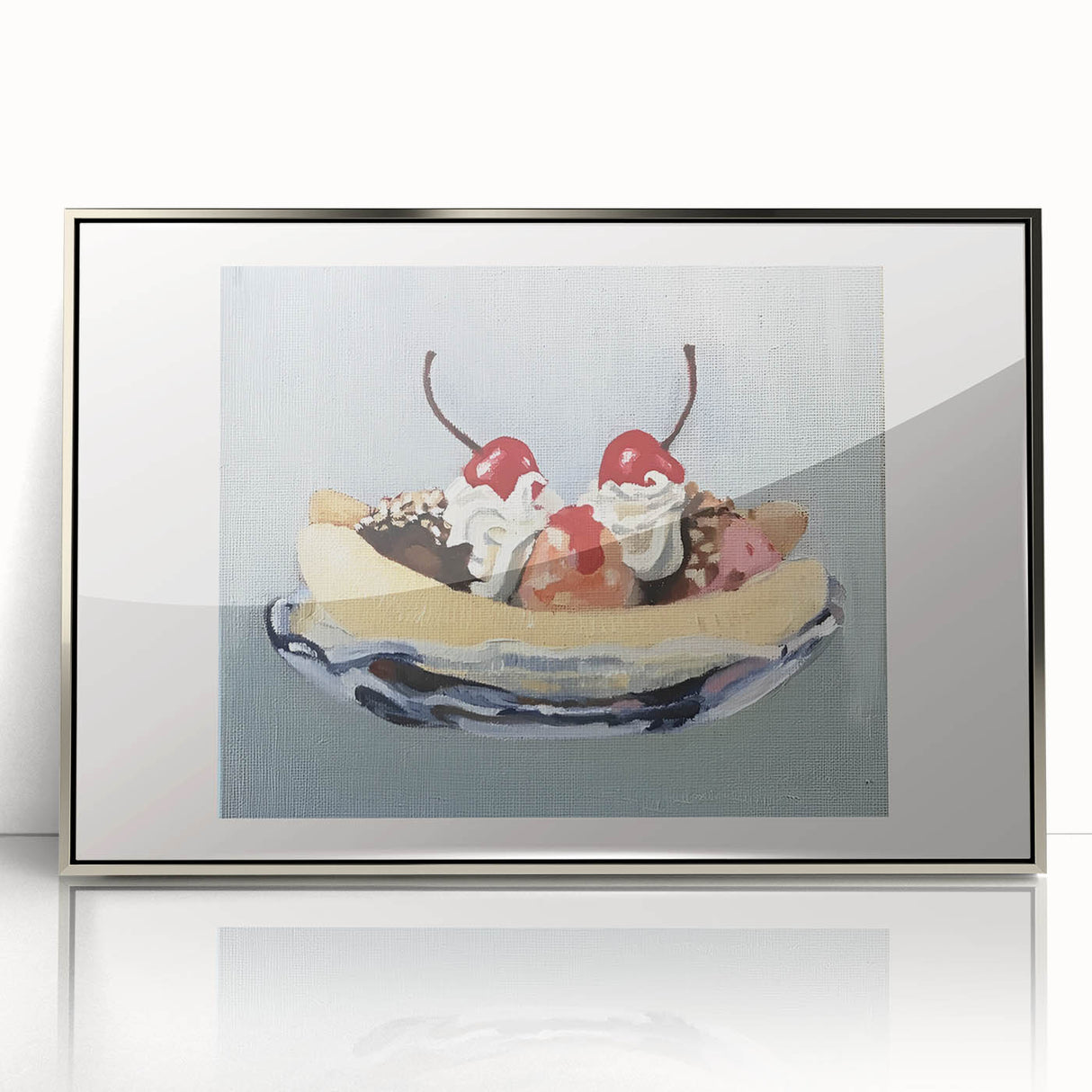 Mid-century modernist art of assorted fruits in vibrant colors on a silver-framed acrylic print.