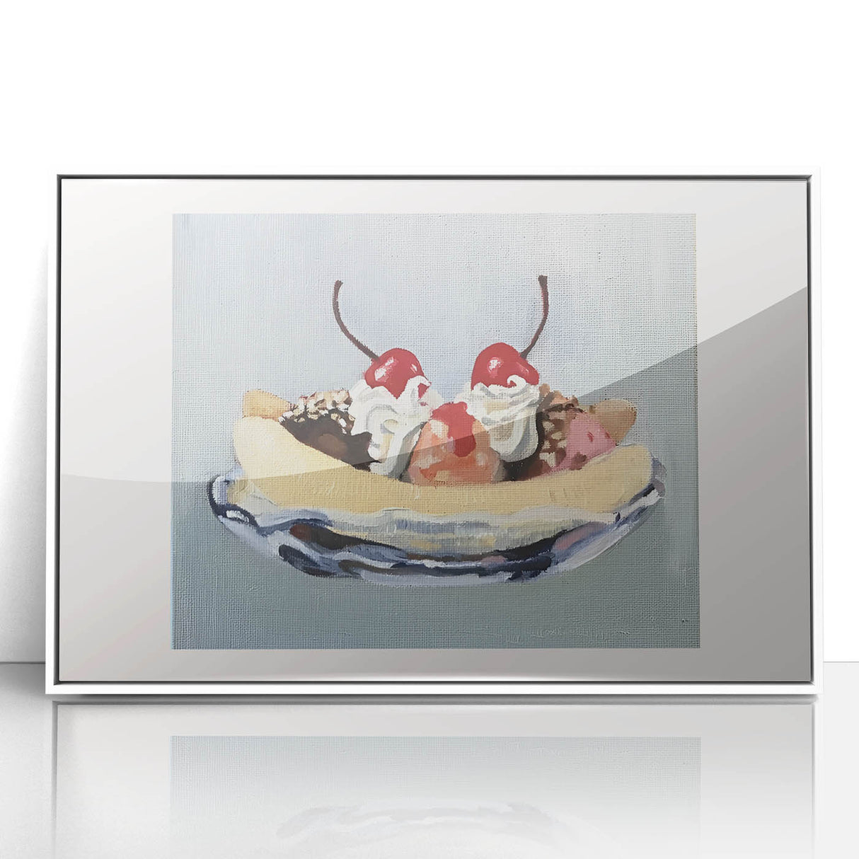 Acrylic print of colorful fruits in art deco style, framed in white, suitable for modern nursery decor.