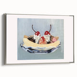 Landscape art painting featuring colorful fruits on a black background, presented in a silver-framed canvas.