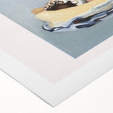 Art deco poster featuring assorted fruits in bold colors on rolled canvas, suitable for dining room decor.