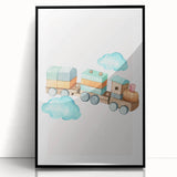 Girls Room Wall Art - Wooden Train & Clouds Kids Room Art