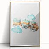 Girls Room Wall Art - Wooden Train & Clouds Kids Room Art