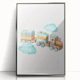 Girls Room Wall Art - Wooden Train & Clouds Kids Room Art