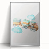 Girls Room Wall Art - Wooden Train & Clouds Kids Room Art