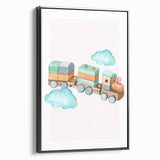 Girls Room Wall Art - Wooden Train & Clouds Kids Room Art