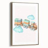 Girls Room Wall Art - Wooden Train & Clouds Kids Room Art