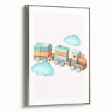 Girls Room Wall Art - Wooden Train & Clouds Kids Room Art