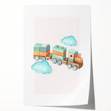 Girls Room Wall Art - Wooden Train & Clouds Kids Room Art