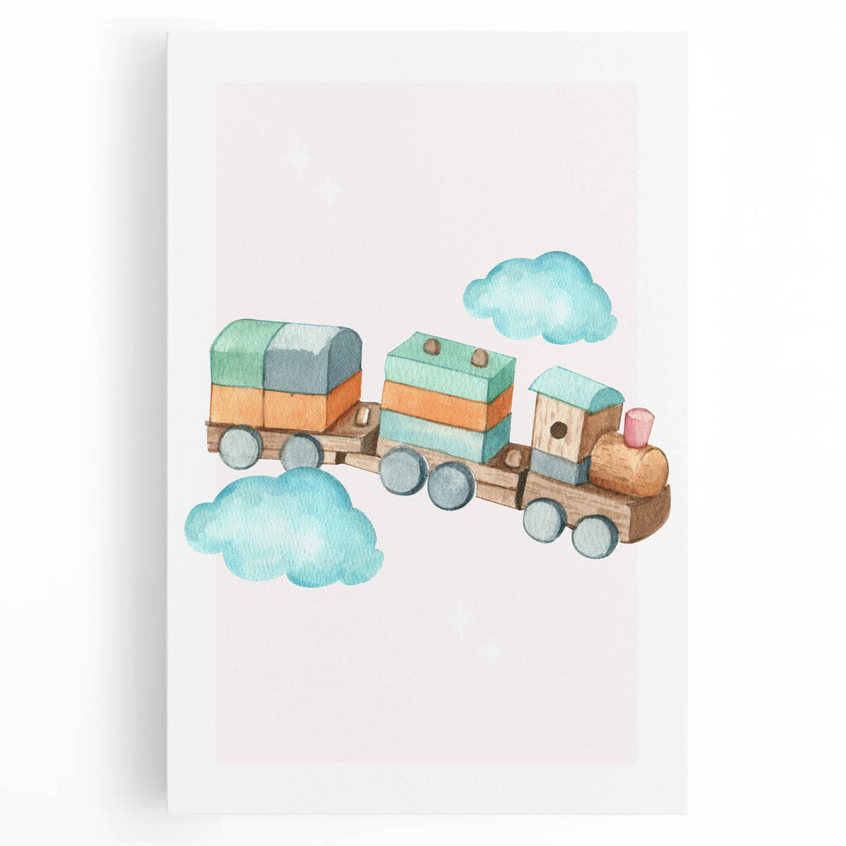 Girls Room Wall Art - Wooden Train & Clouds Kids Room Art