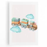 Girls Room Wall Art - Wooden Train & Clouds Kids Room Art