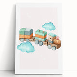 Girls Room Wall Art - Wooden Train & Clouds Kids Room Art