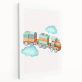 Girls Room Wall Art - Wooden Train & Clouds Kids Room Art