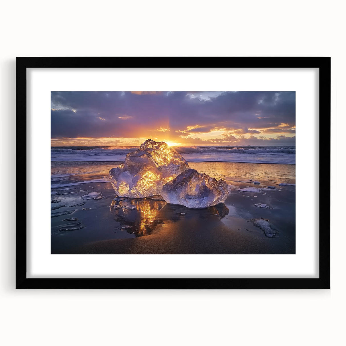 Black-framed landscape artwork depicting a serene beach scene with gentle waves and golden sand, elegantly matted for an enhanced aesthetic appeal.