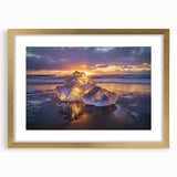 Gold-framed landscape artwork showcasing a serene beach scene with soft waves and golden sand, elegantly matted for a sophisticated display. Perfect for coastal home decor.