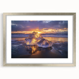 Silver-framed landscape artwork depicting serene beaches, elegantly matted for a sophisticated display. Ideal for enhancing coastal-themed interiors and home decor.