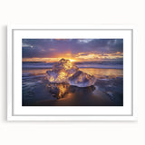 Landscape artwork featuring serene beach scenery, framed with a white mat and elegant wooden frame, ideal for home decor and enhancing coastal themes.