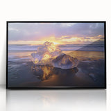 Framed acrylic artwork showcasing a serene beach landscape with vibrant colors and detailed waves, set in a sleek black frame, ideal for coastal decor enthusiasts.