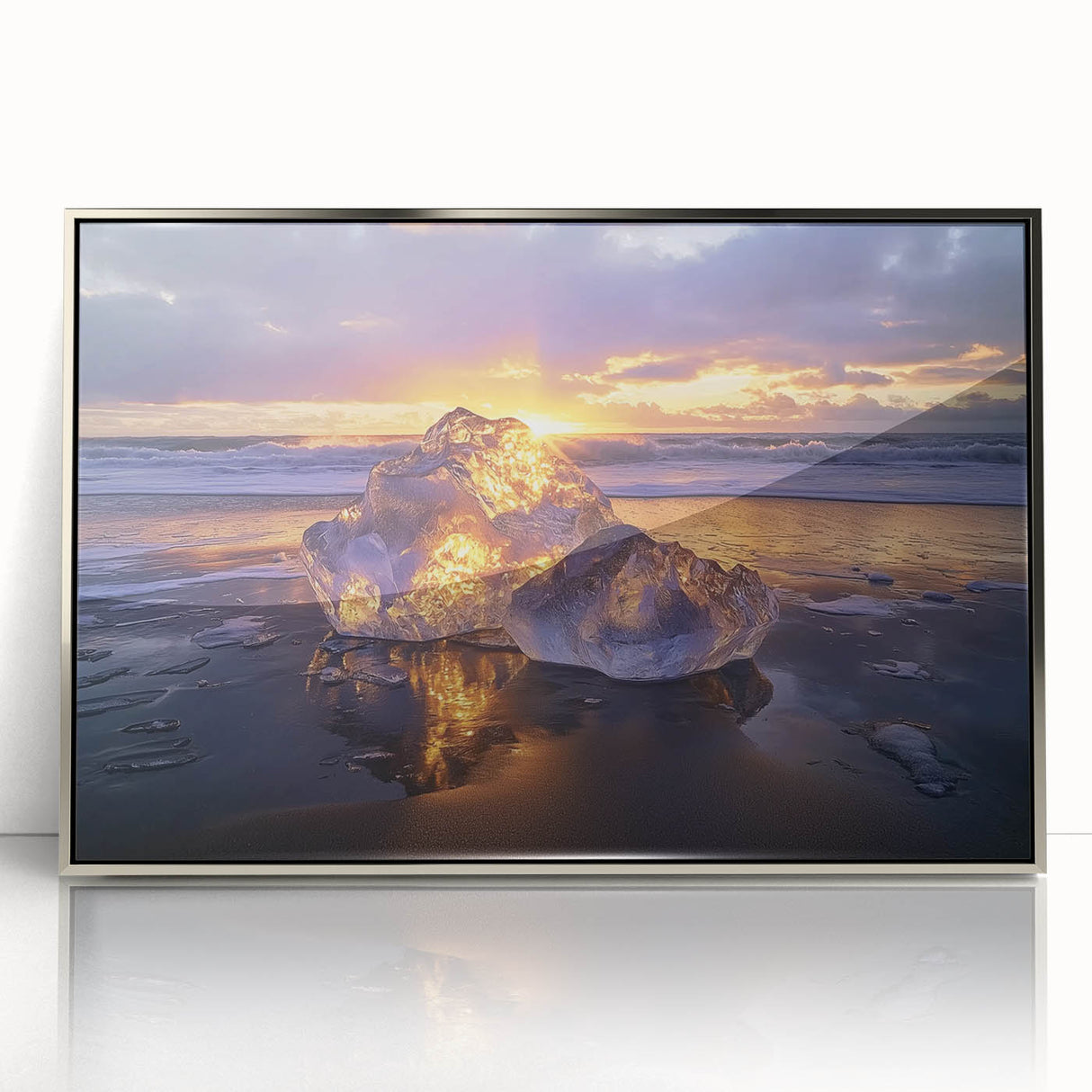 Framed acrylic artwork depicting a serene beach landscape with gentle waves and a clear blue sky, accented by silver framing for a modern touch, ideal for home decor.