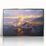 Framed acrylic artwork depicting a serene beach landscape with gentle waves and a clear blue sky, accented by silver framing for a modern touch, ideal for home decor.