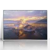 Framed acrylic artwork showcasing a serene beach landscape with vibrant colors and white borders, perfect for enhancing modern home decor.