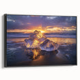 Framed canvas art showcasing a serene beach landscape with vibrant colors, complemented by a sleek black frame, perfect for enhancing home decor aesthetics.