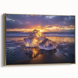 Framed canvas artwork depicting a serene beach landscape with golden accents, showcasing soft sand and gentle waves, perfect for coastal-themed decor.