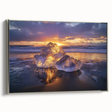 Framed landscape canvas artwork showcasing a serene beach scene with waves, adorned with a sleek silver frame, ideal for coastal-themed home decor.