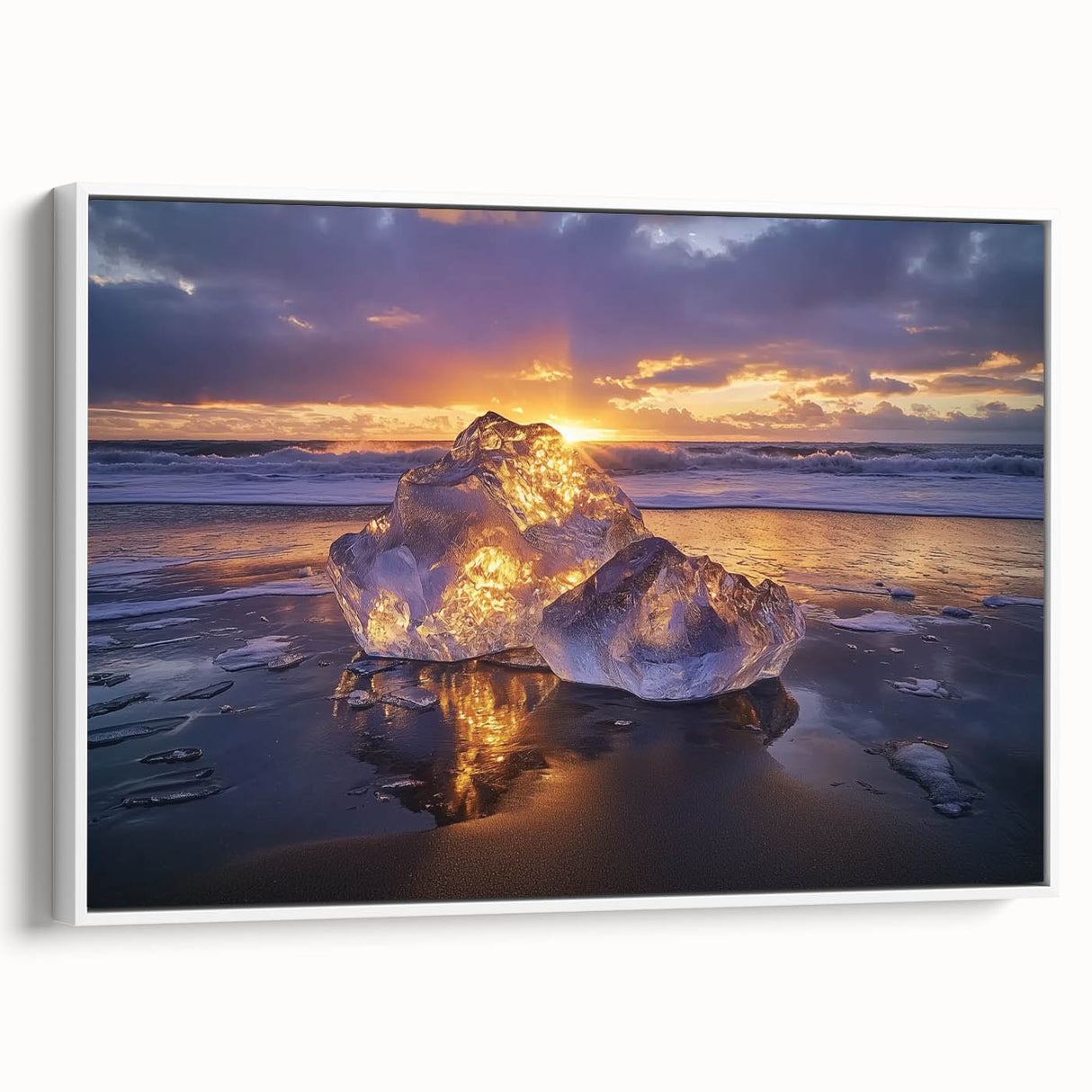 Framed canvas artwork showcasing a serene beach landscape with vibrant colors and gentle waves, displayed from a white side view, perfect for coastal decor.