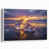 Framed canvas artwork showcasing a serene beach landscape with vibrant colors and gentle waves, displayed from a white side view, perfect for coastal decor.