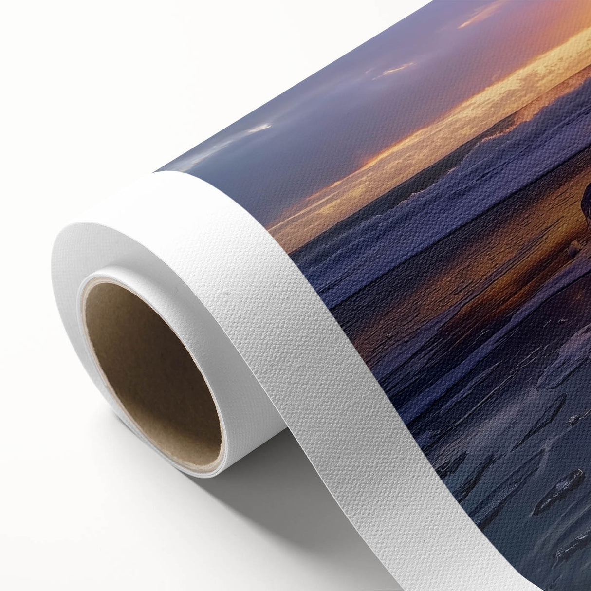 Vibrant landscape canvas art depicting serene beaches at sunset, showcasing rich colors and textures, rolled and ready for display in a protective tube.