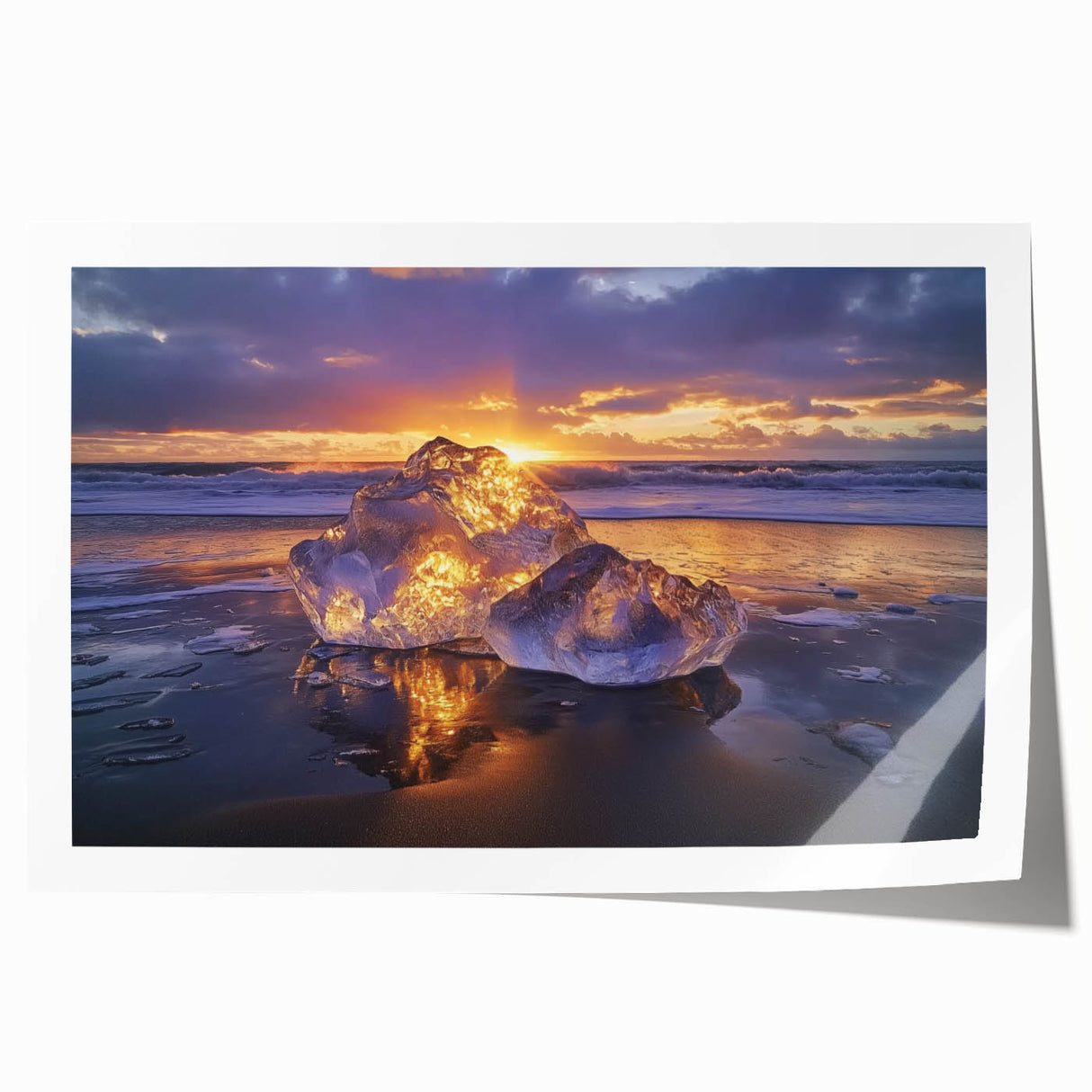 Landscape canvas print showcasing a serene beach scene with gentle waves, vibrant blue skies, and soft sand, rolled and ready for display. Perfect for coastal home decor enthusiasts.