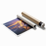 Vibrant rolled canvas print depicting a serene beach landscape with soft waves and a clear blue sky, showcasing tranquil colors, perfect for home decor.