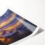 Stunning rolled canvas print showcasing a colorful beach landscape with vibrant hues of blue and gold, ideal for home decor or coastal-themed interiors.