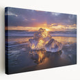 Stretched canvas artwork depicting a vibrant beach landscape with blue skies and golden sands, showcased from a side view, perfect for coastal decor enthusiasts.