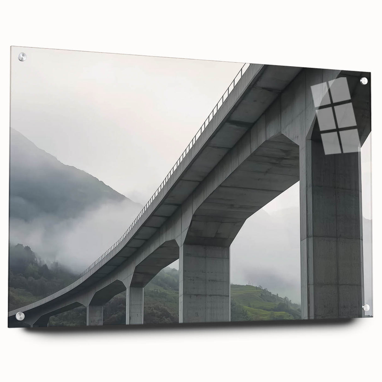 Acrylic glass landscape art depicting a modern bridge design, showcasing a sleek side view with visible pins, perfect for contemporary decor.